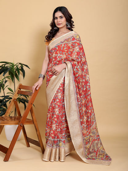 Coral Red Floral Linen Cotton Saree with Jacquard Border for Women