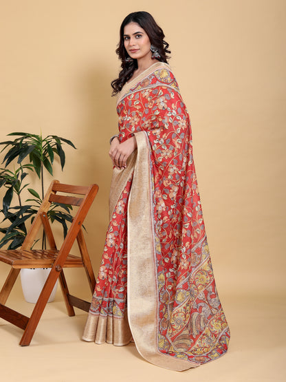 Coral Red Floral Linen Cotton Saree with Jacquard Border for Women