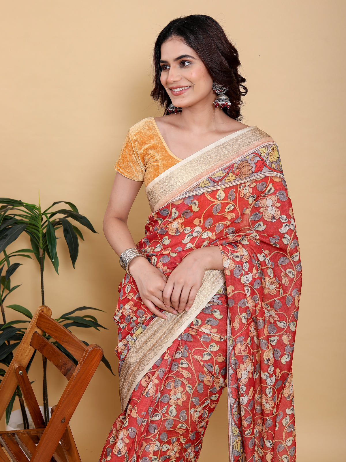 Coral Red Floral Linen Cotton Saree with Jacquard Border for Women