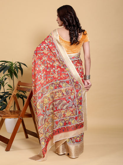Coral Red Floral Linen Cotton Saree with Jacquard Border for Women