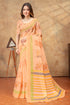Peach Linen Cotton Floral Deer Print Saree for Women