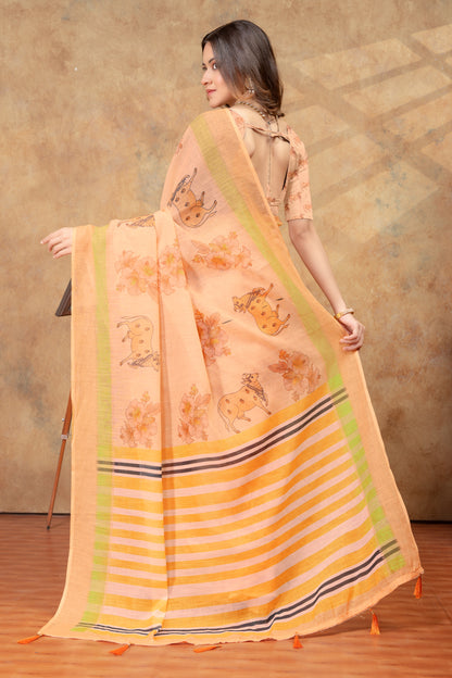 Peach Linen Cotton Floral Deer Print Saree for Women