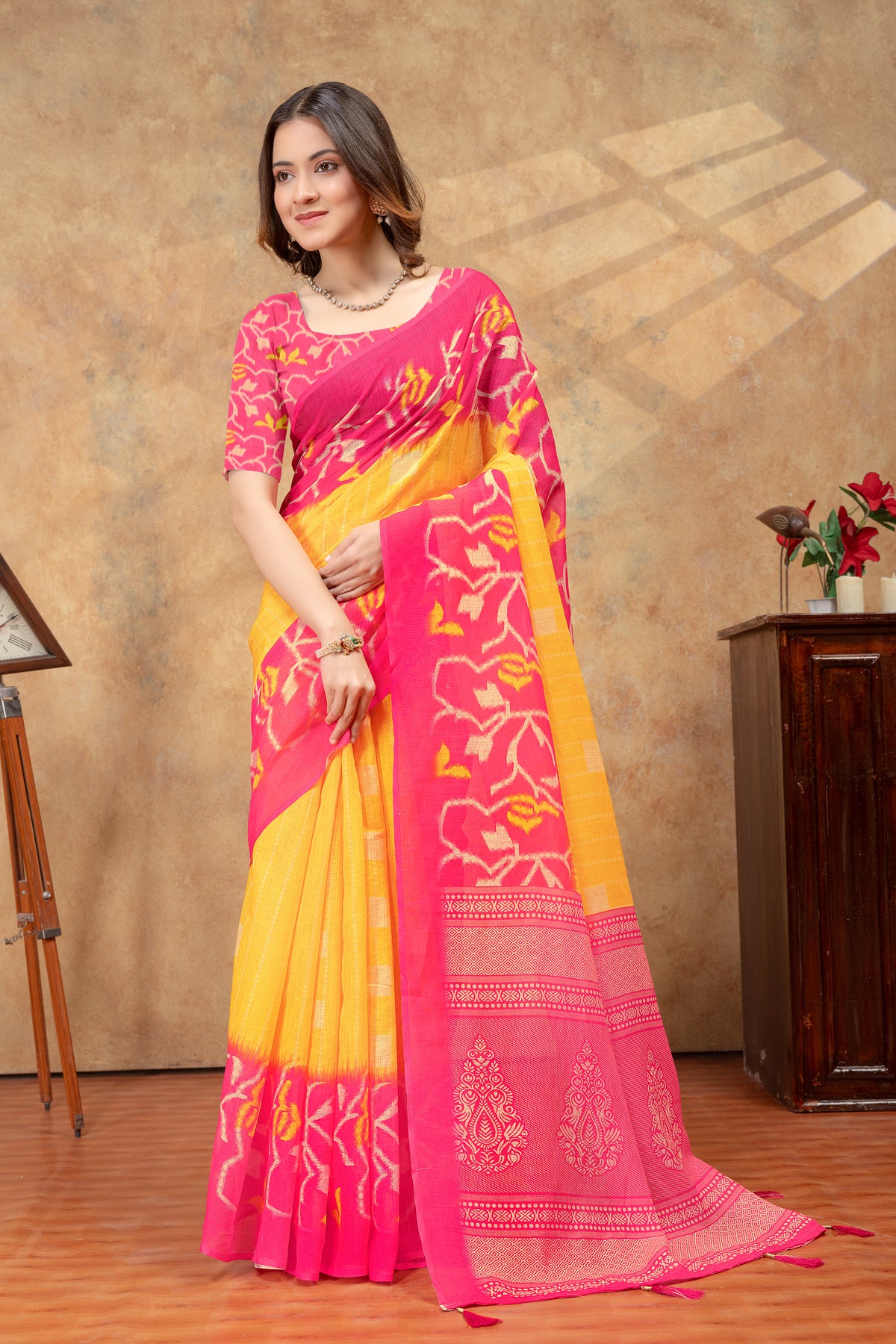 Pink Linen Cotton Floral Woven Saree With Unstitched Blouse for Women