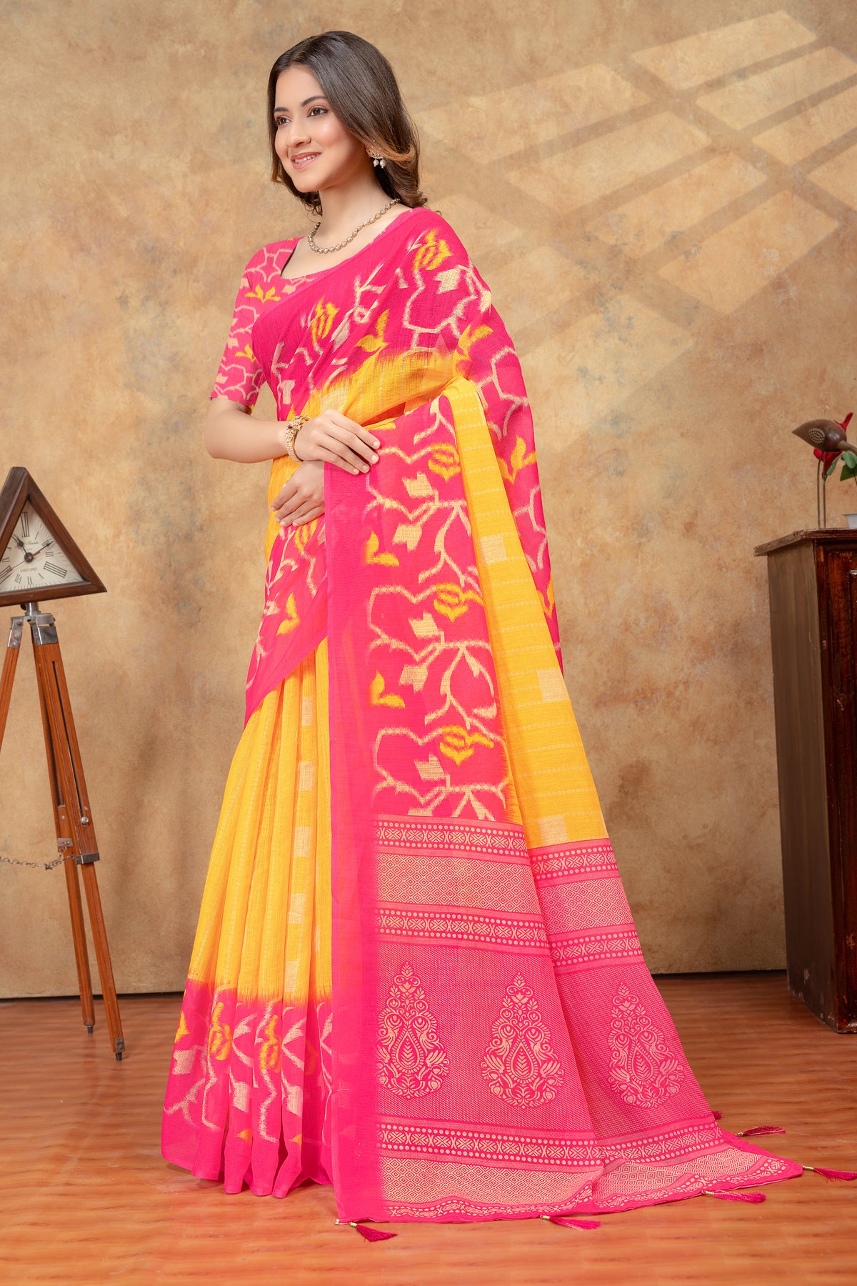 Pink Linen Cotton Floral Woven Saree With Unstitched Blouse for Women