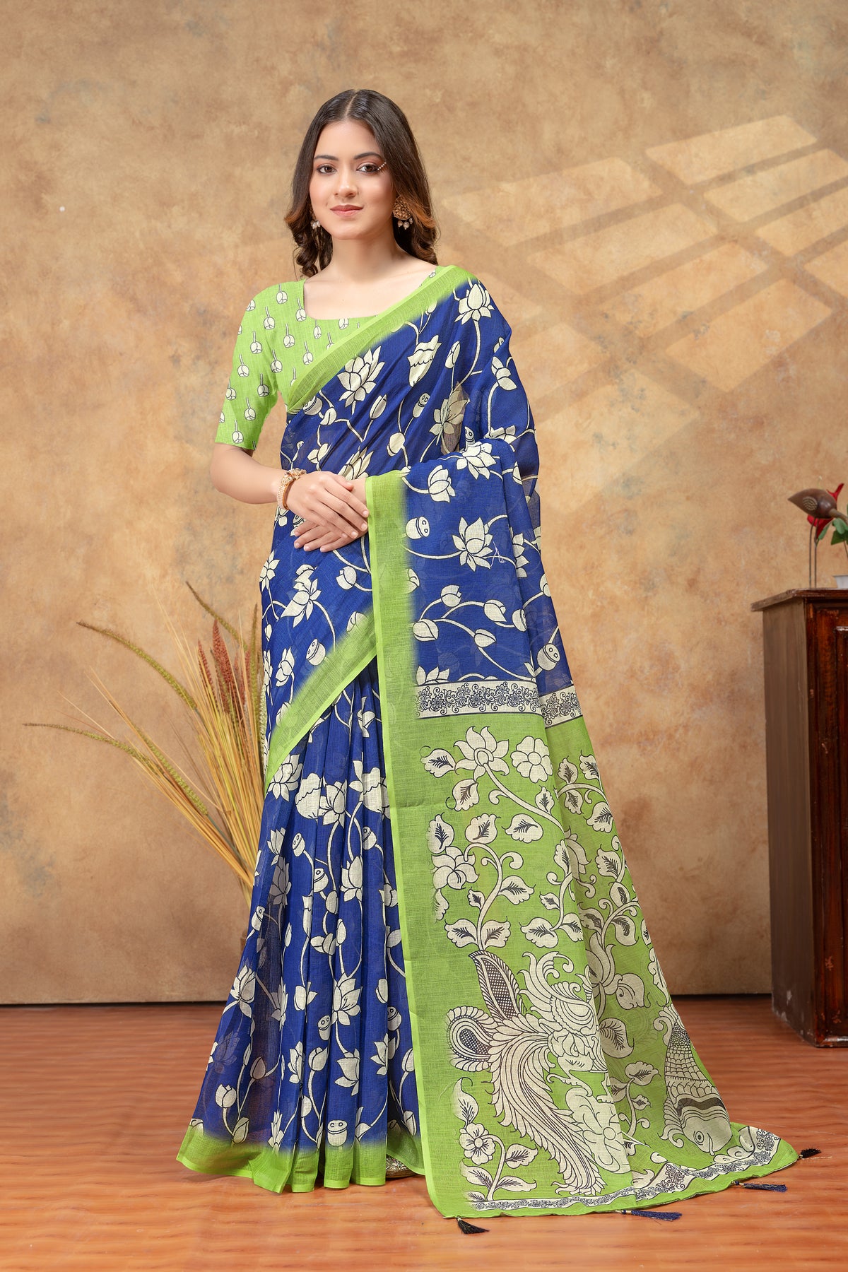 Royal Blue Linen Cotton Floral Printed Saree for Ladies for Women