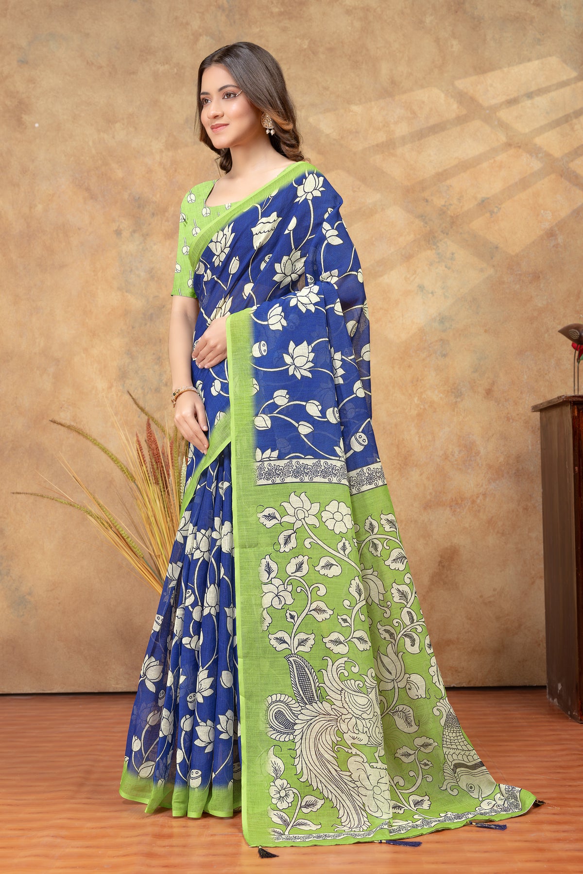 Royal Blue Linen Cotton Floral Printed Saree for Ladies for Women