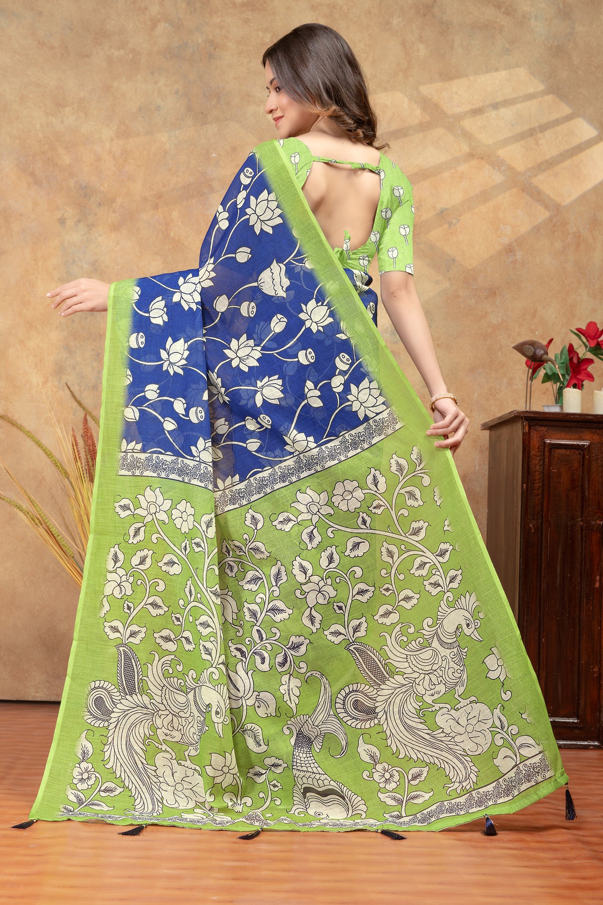 Royal Blue Linen Cotton Floral Printed Saree for Ladies for Women