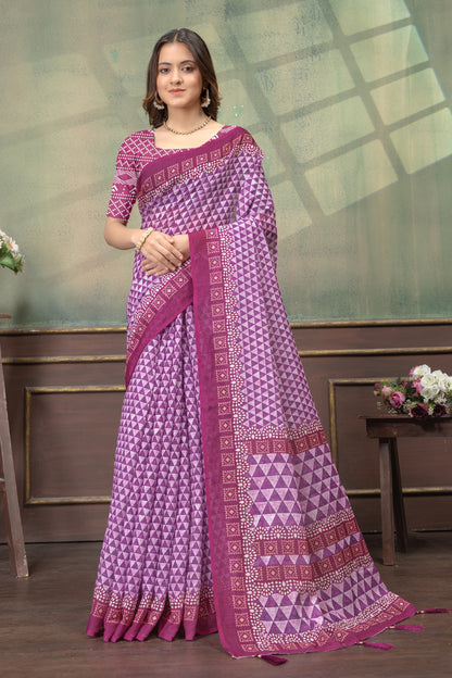 Wine Purple Satin Saree With Geometric Print &amp; Tassel Trims for Women