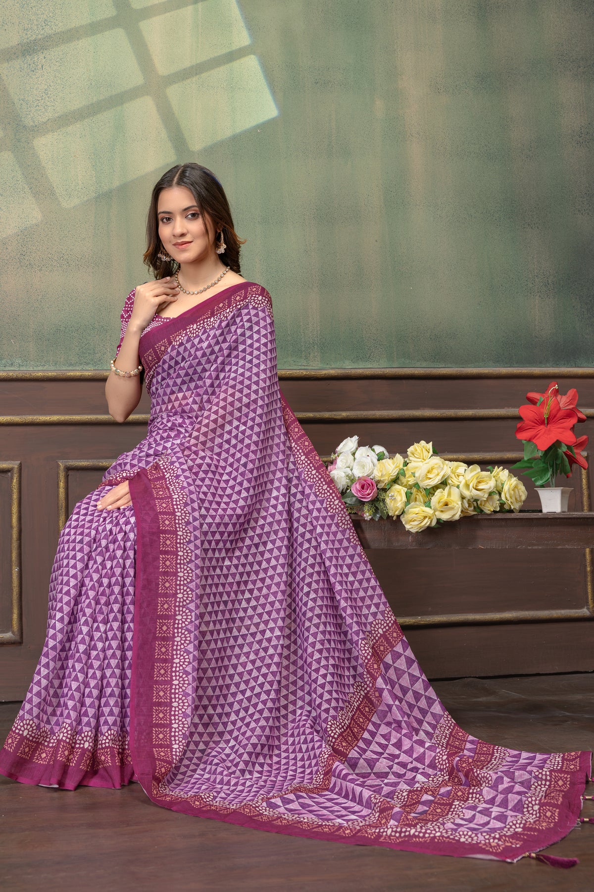 Wine Purple Satin Saree With Geometric Print &amp; Tassel Trims for Women