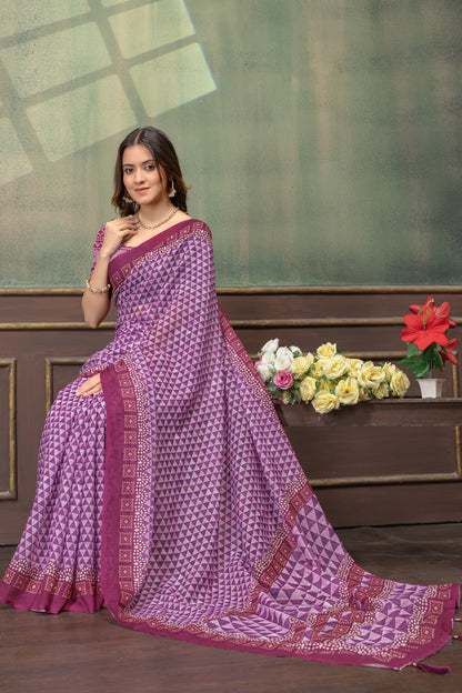 Wine Purple Satin Saree With Geometric Print &amp; Tassel Trims for Women