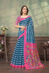 Blue Pink Floral Satin Saree with Printed Border and Blouse for Women