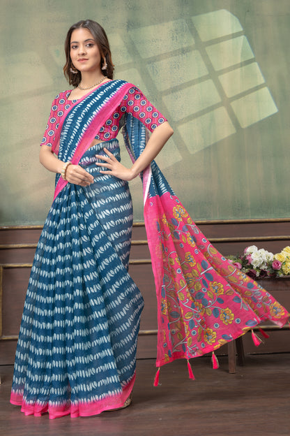 Blue Pink Floral Satin Saree with Printed Border and Blouse for Women