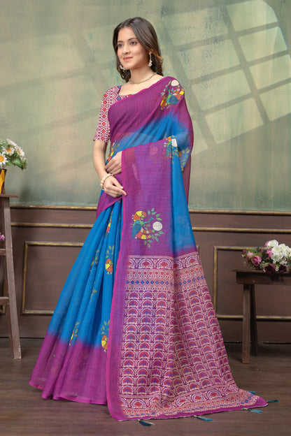 Blue Purple Bird Print Satin Saree with Matching Blouse for Women
