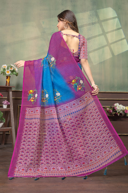 Blue Purple Bird Print Satin Saree with Matching Blouse for Women