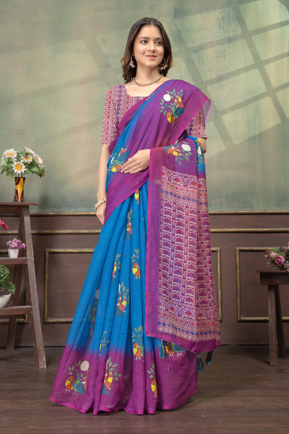 Blue Purple Bird Print Satin Saree with Matching Blouse for Women