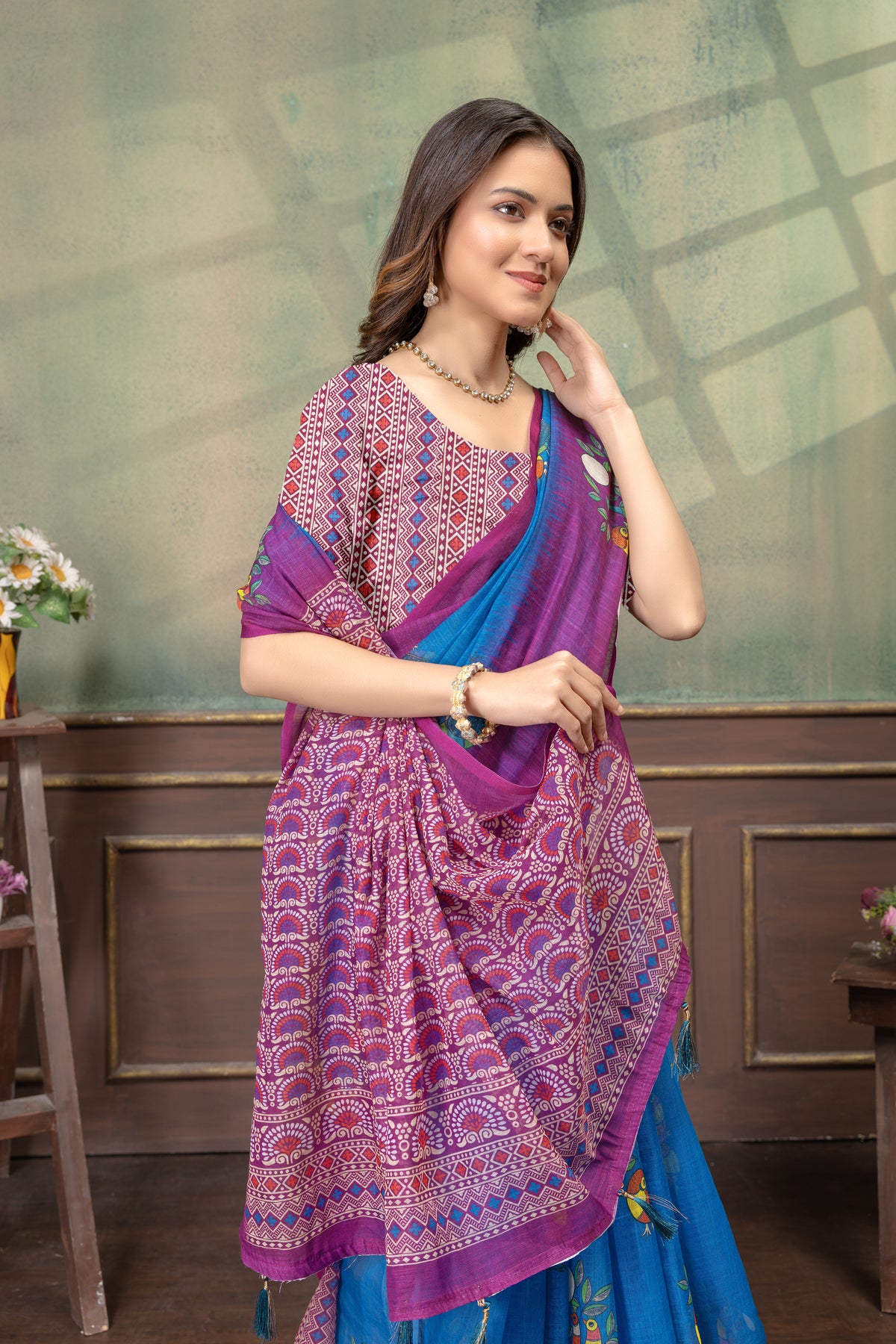 Blue Purple Bird Print Satin Saree with Matching Blouse for Women