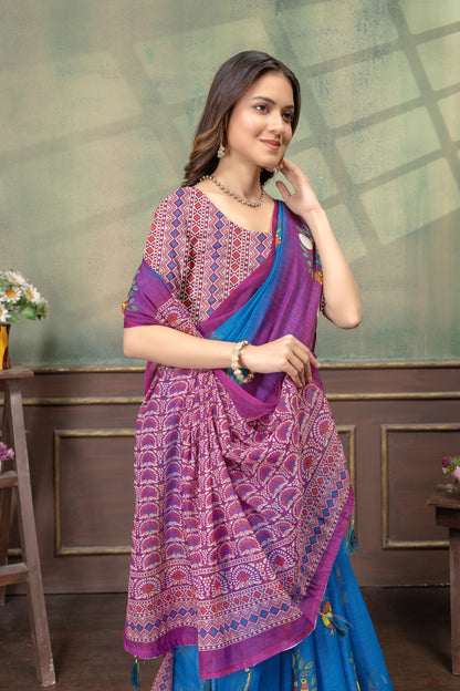 Blue Purple Bird Print Satin Saree with Matching Blouse for Women