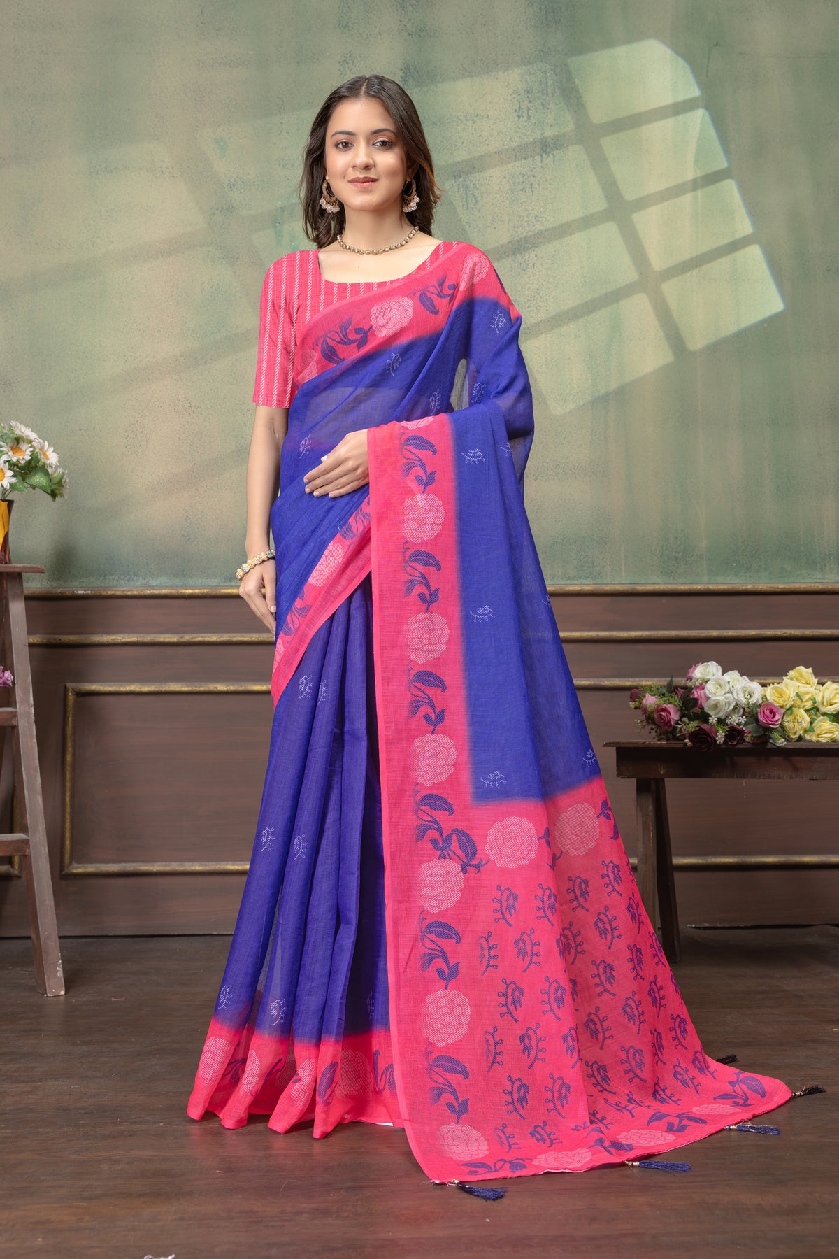 Royal Blue Pink Floral Printed Linen Cotton Saree with Blouse