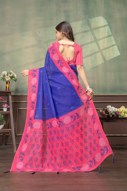 Royal Blue Pink Floral Printed Linen Cotton Saree with Blouse