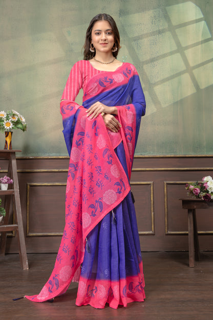 Royal Blue Pink Floral Printed Linen Cotton Saree with Blouse