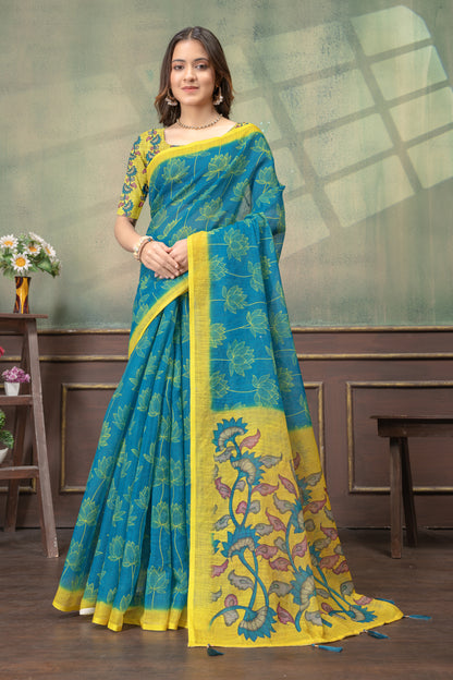 Teal Blue Lotus Print Linen Cotton Saree with Yellow Border for Women