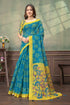 Teal Blue Lotus Print Linen Cotton Saree with Yellow Border for Women