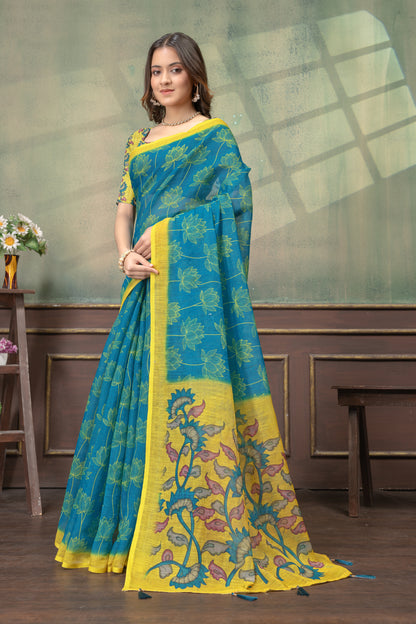 Teal Blue Lotus Print Linen Cotton Saree with Yellow Border for Women