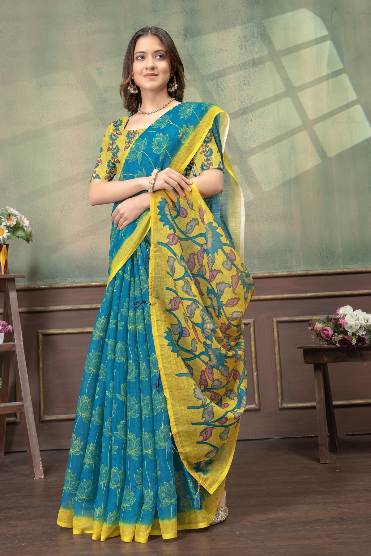 Teal Blue Lotus Print Linen Cotton Saree with Yellow Border for Women