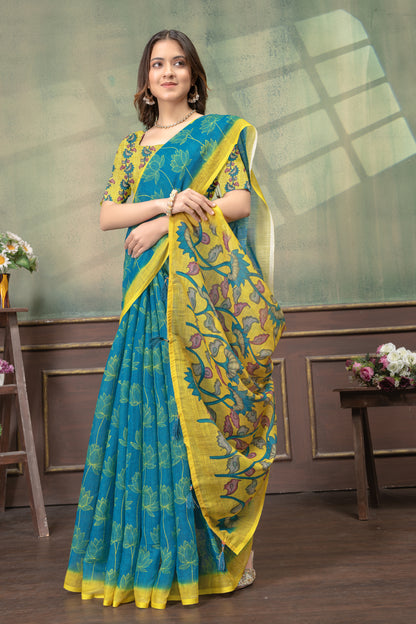 Teal Blue Lotus Print Linen Cotton Saree with Yellow Border for Women