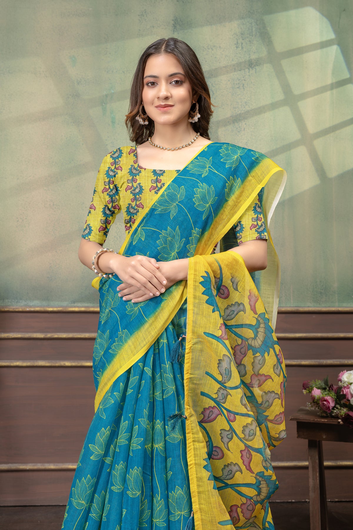 Teal Blue Lotus Print Linen Cotton Saree with Yellow Border for Women
