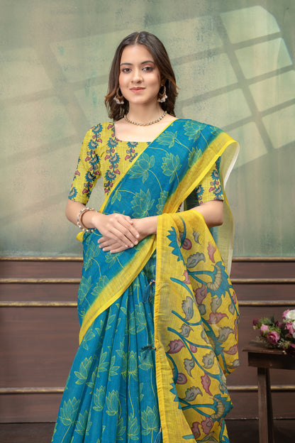 Teal Blue Lotus Print Linen Cotton Saree with Yellow Border for Women