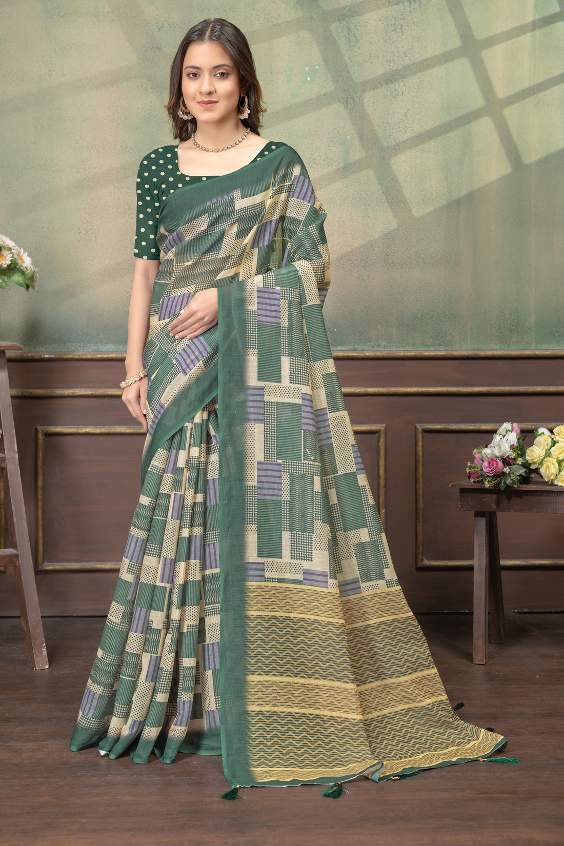 Green Linen Cotton Printed Saree with Contrast Border for Women
