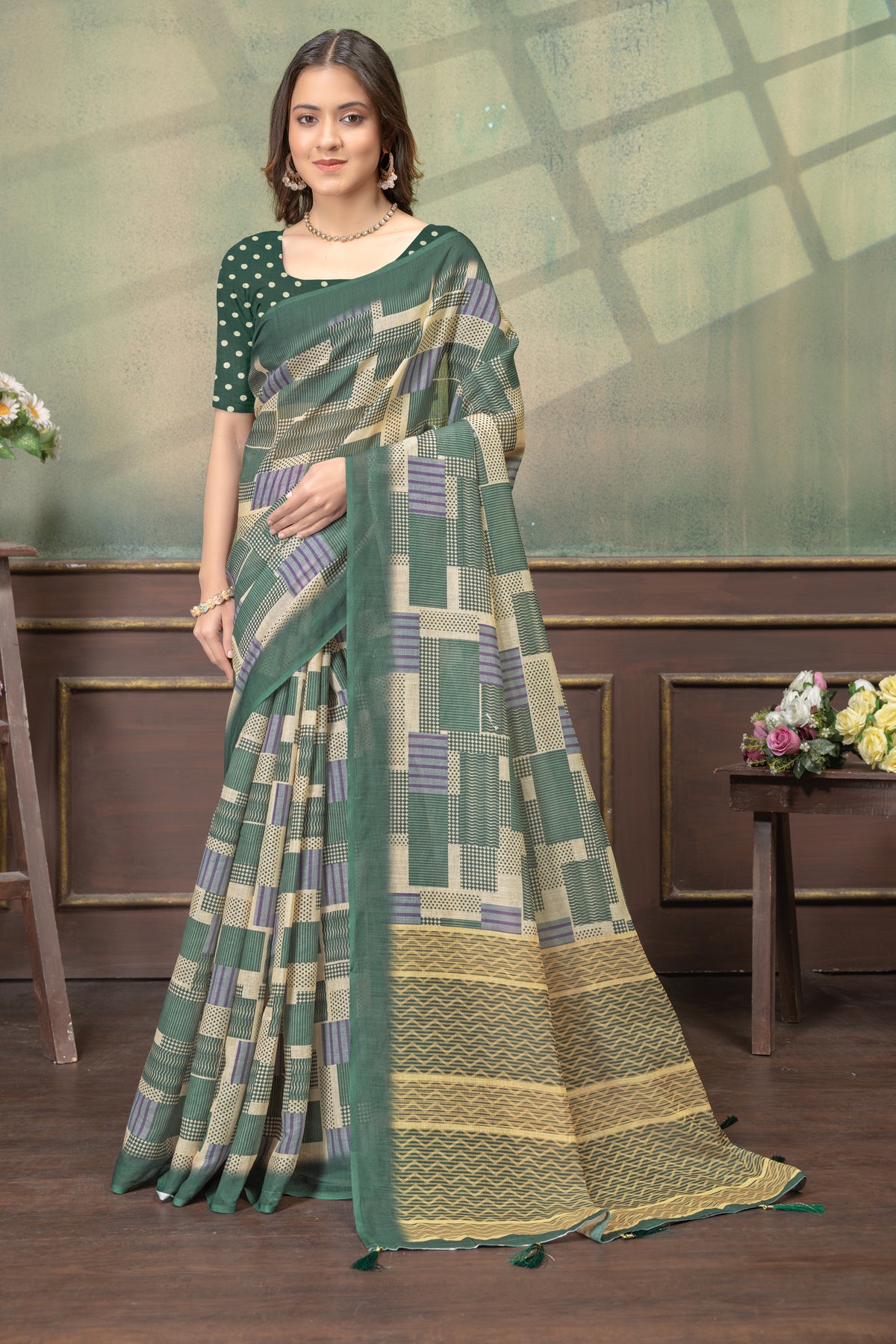 Green Linen Cotton Printed Saree with Contrast Border for Women