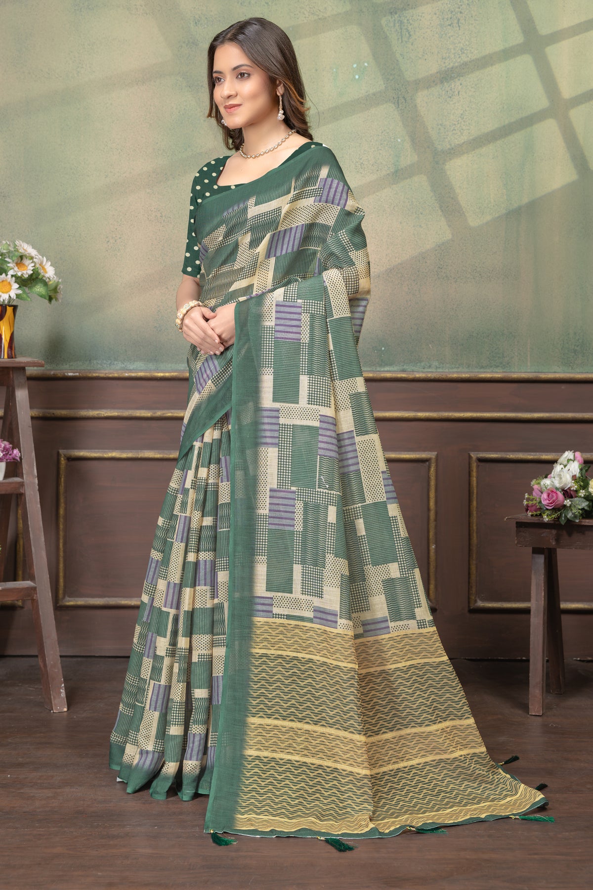 Green Linen Cotton Printed Saree with Contrast Border for Women