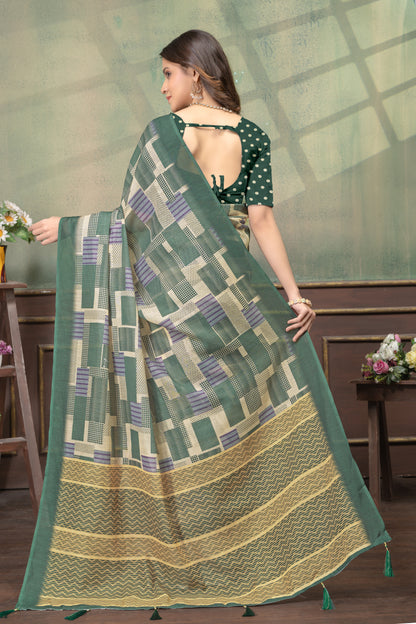 Green Linen Cotton Printed Saree with Contrast Border for Women