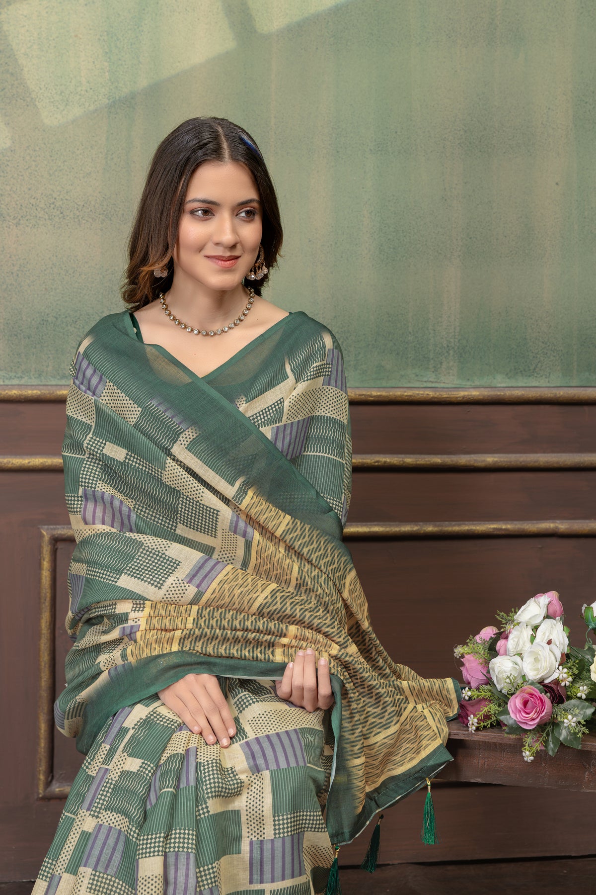 Green Linen Cotton Printed Saree with Contrast Border for Women