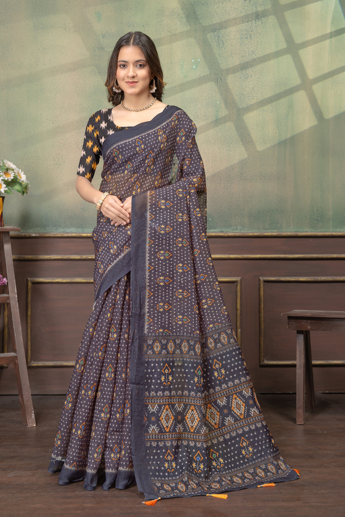 Charcoal Grey Linen Cotton Printed Saree with Tassels for Women