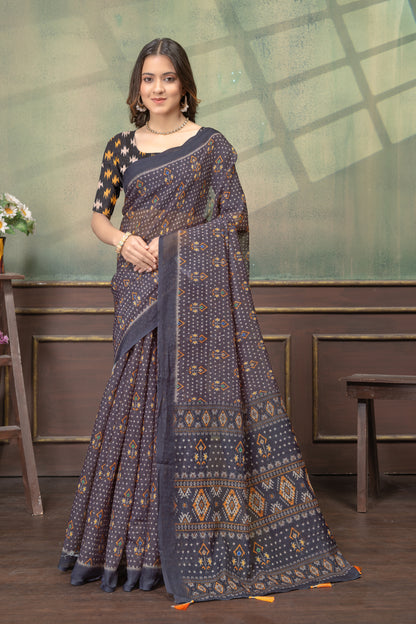 Charcoal Grey Linen Cotton Printed Saree with Tassels for Women