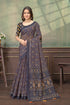 Charcoal Grey Linen Cotton Printed Saree with Tassels for Women