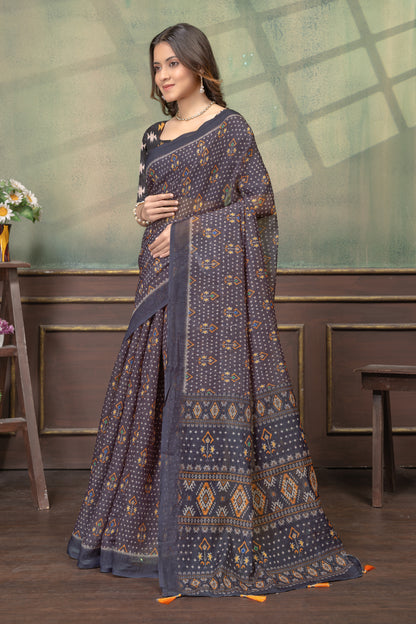 Charcoal Grey Linen Cotton Printed Saree with Tassels for Women