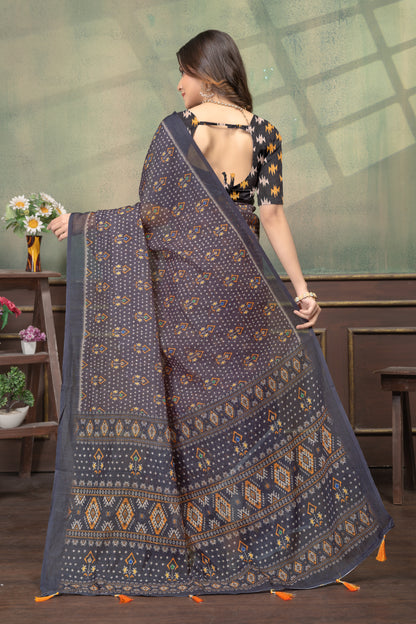 Charcoal Grey Linen Cotton Printed Saree with Tassels for Women