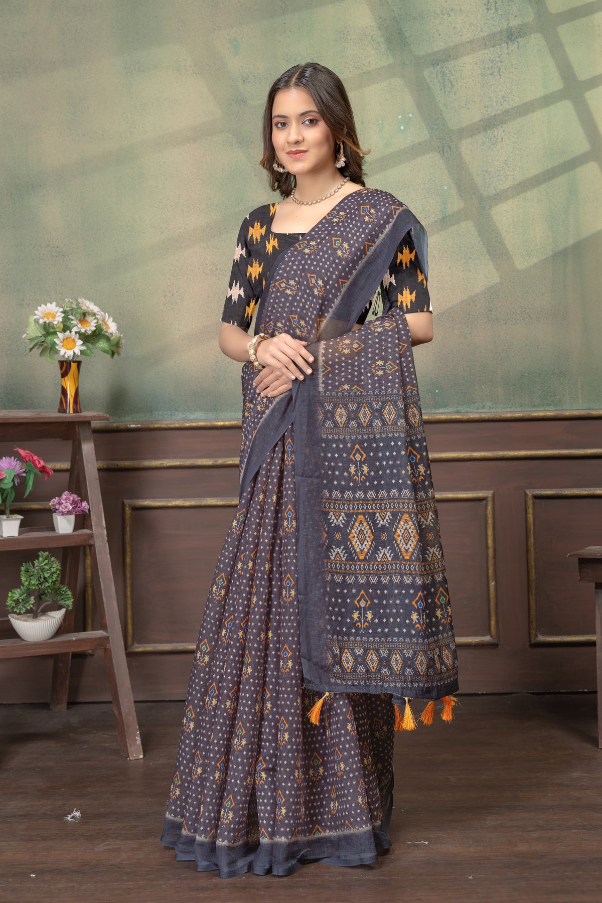 Charcoal Grey Linen Cotton Printed Saree with Tassels for Women