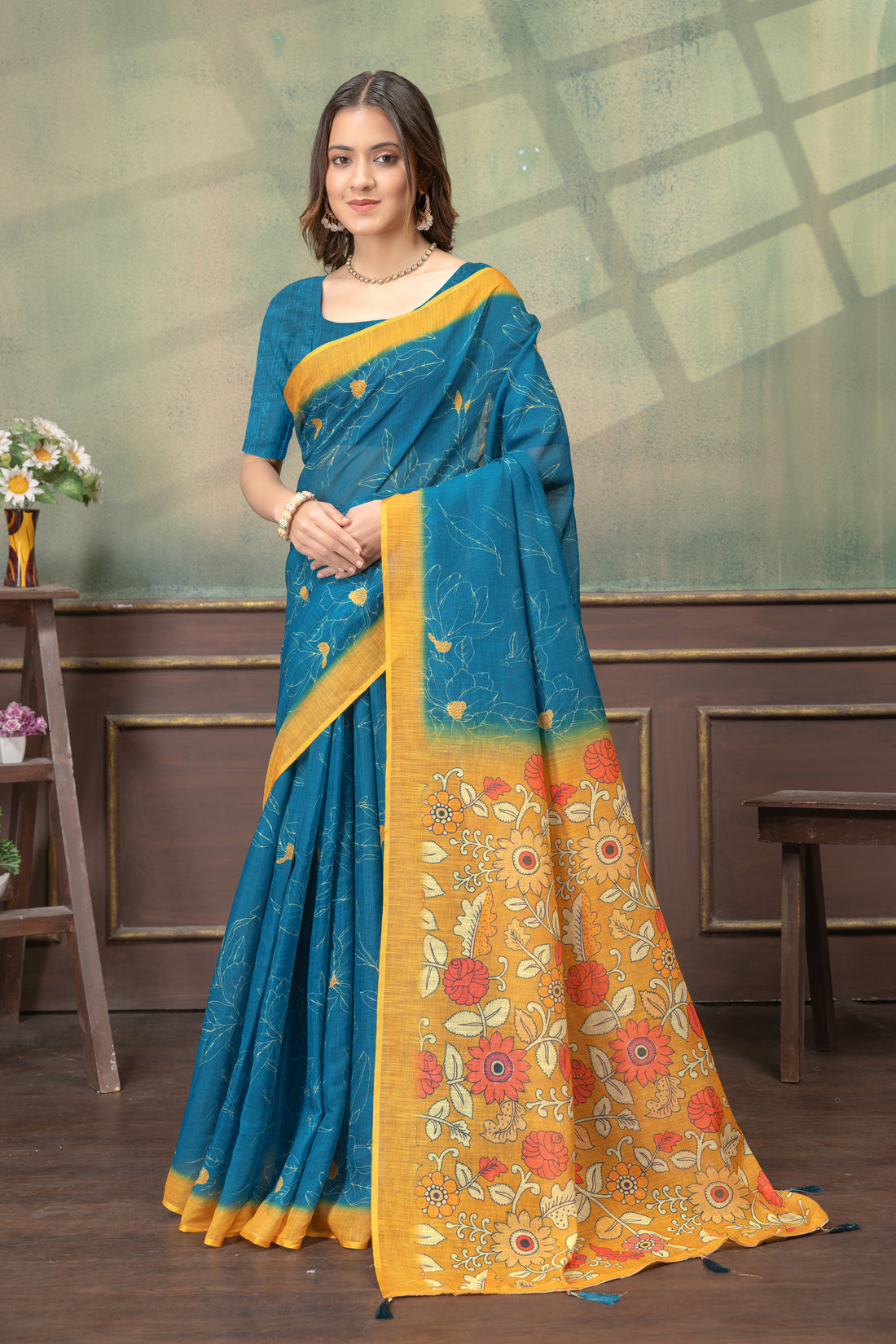 Teal Blue Floral Printed Satin Saree with Mustard Border for Women