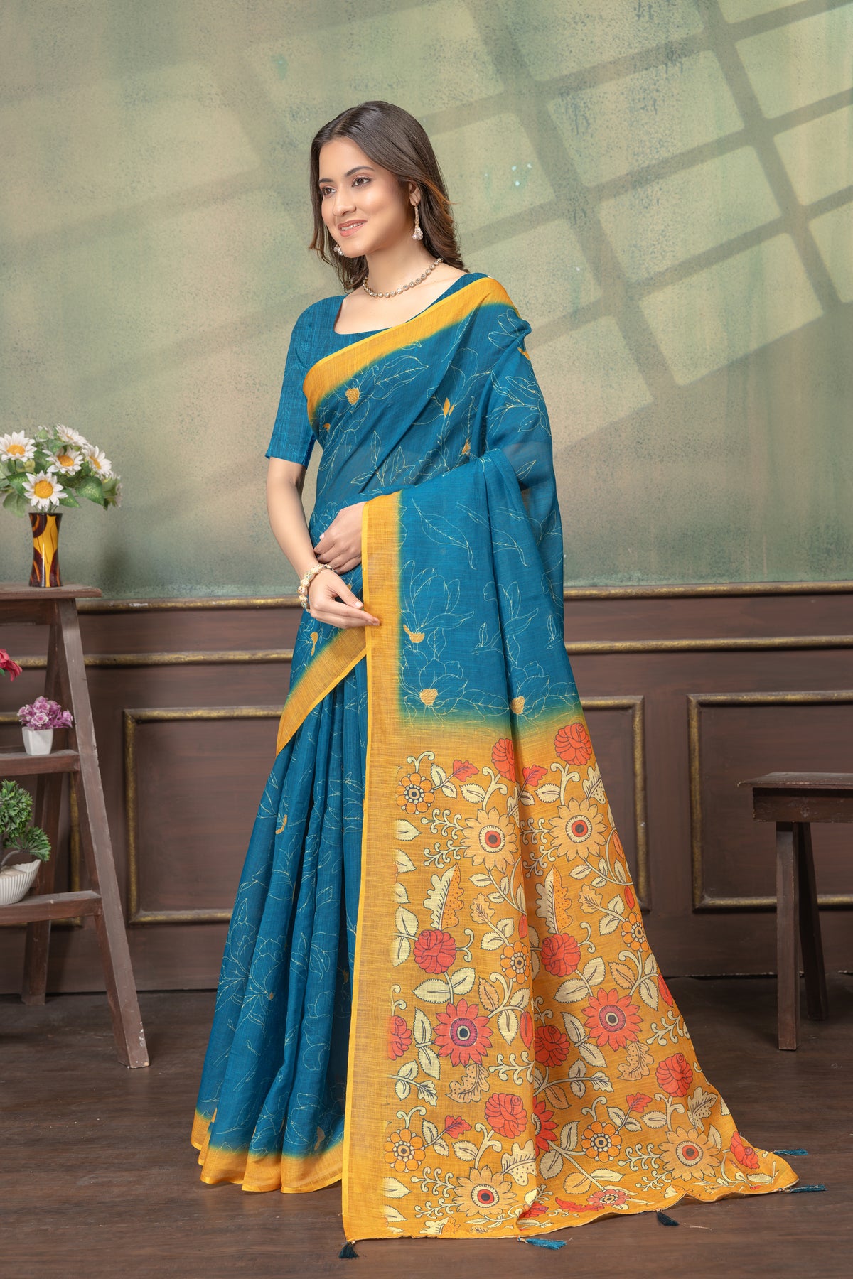 Teal Blue Floral Printed Satin Saree with Mustard Border for Women