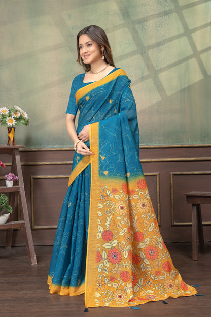 Teal Blue Floral Printed Satin Saree with Mustard Border for Women