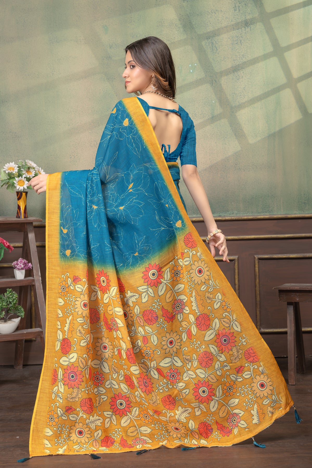 Teal Blue Floral Printed Satin Saree with Mustard Border for Women
