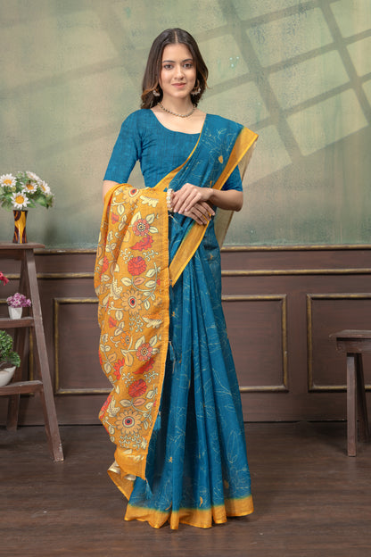 Teal Blue Floral Printed Satin Saree with Mustard Border for Women