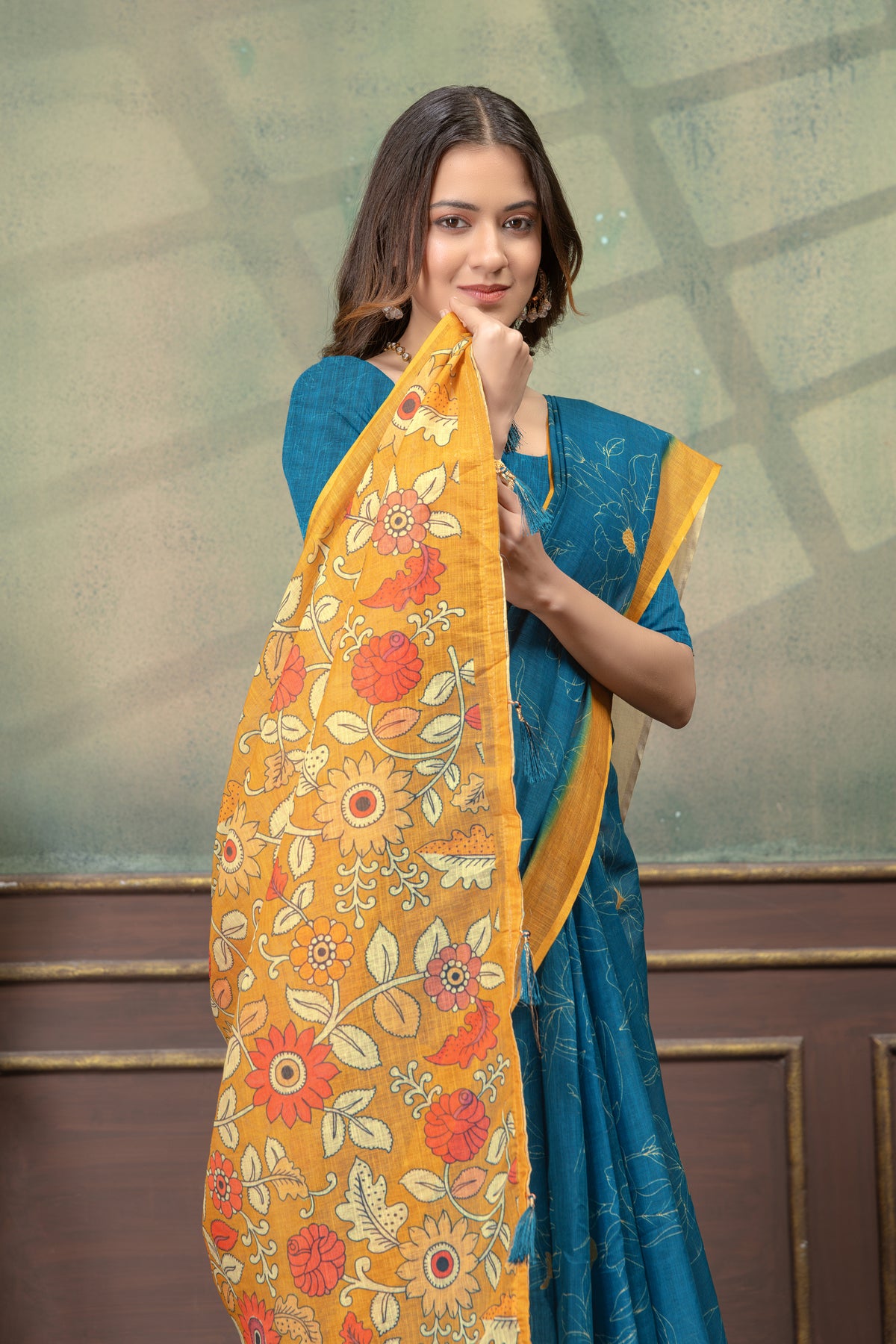 Teal Blue Floral Printed Satin Saree with Mustard Border for Women