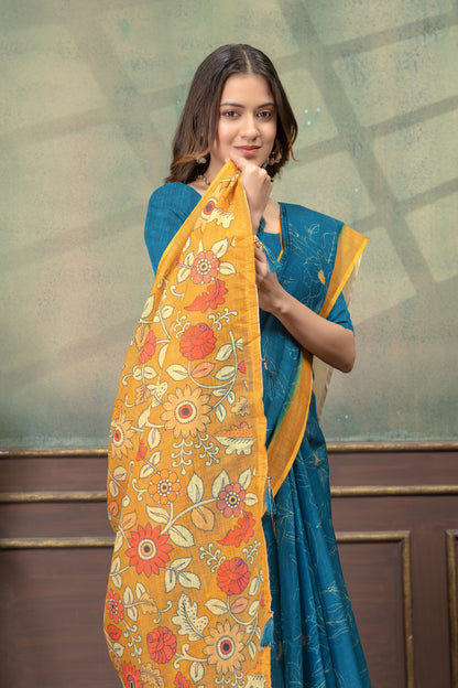 Teal Blue Floral Printed Satin Saree with Mustard Border for Women