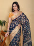 Deep Navy Floral Linen Cotton Saree with Rich Jacquard Edge for Women
